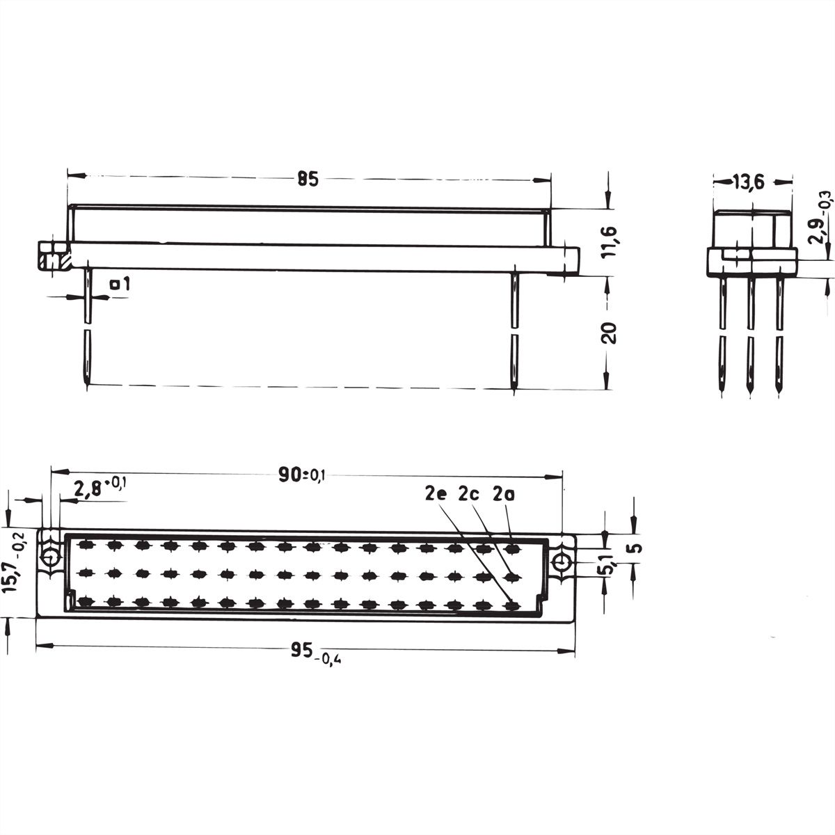 Connecteur SCHROFF de type E, EN 60603, DIN 41612, femelle, 48 contacts, wire-wrap, 22 mm