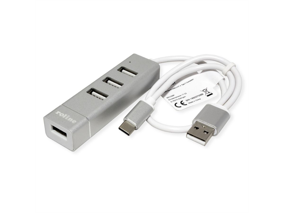 ROLINE Hub USB 2.0 pour portables, 4 ports, câble de raccordement type A+C