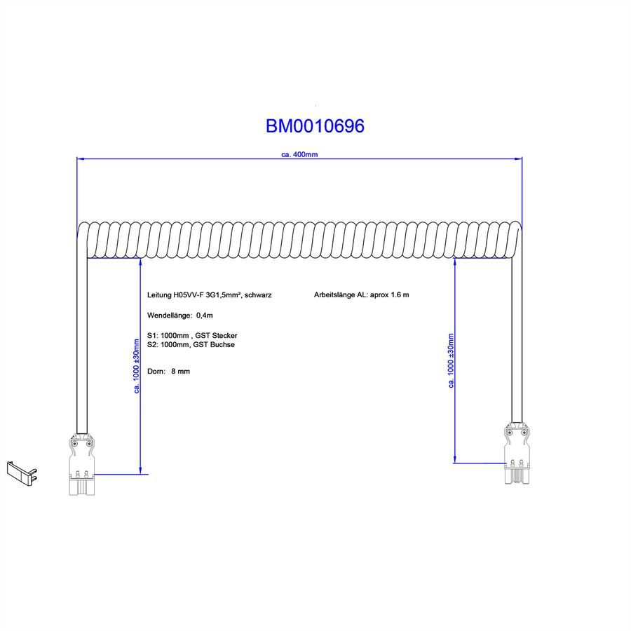 BACHMANN Câble spiralé H05VV-F3G1,5 mm² noir 4,0 m, verrouillage ISV