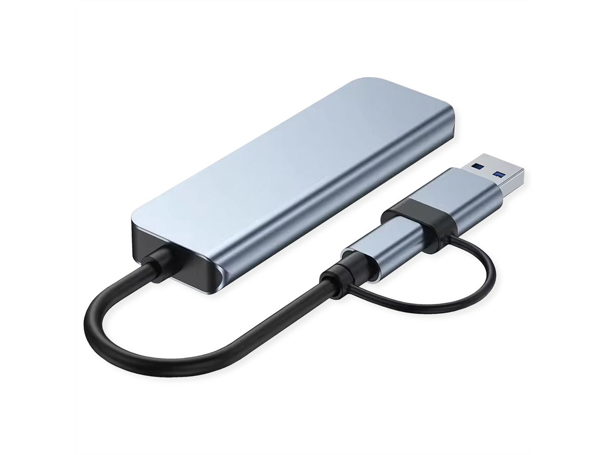 VALUE Hub métallique 4 ports type A, (1x USB 3.2Gen1 + 3x USB 2.0), câble de raccordement type A+C