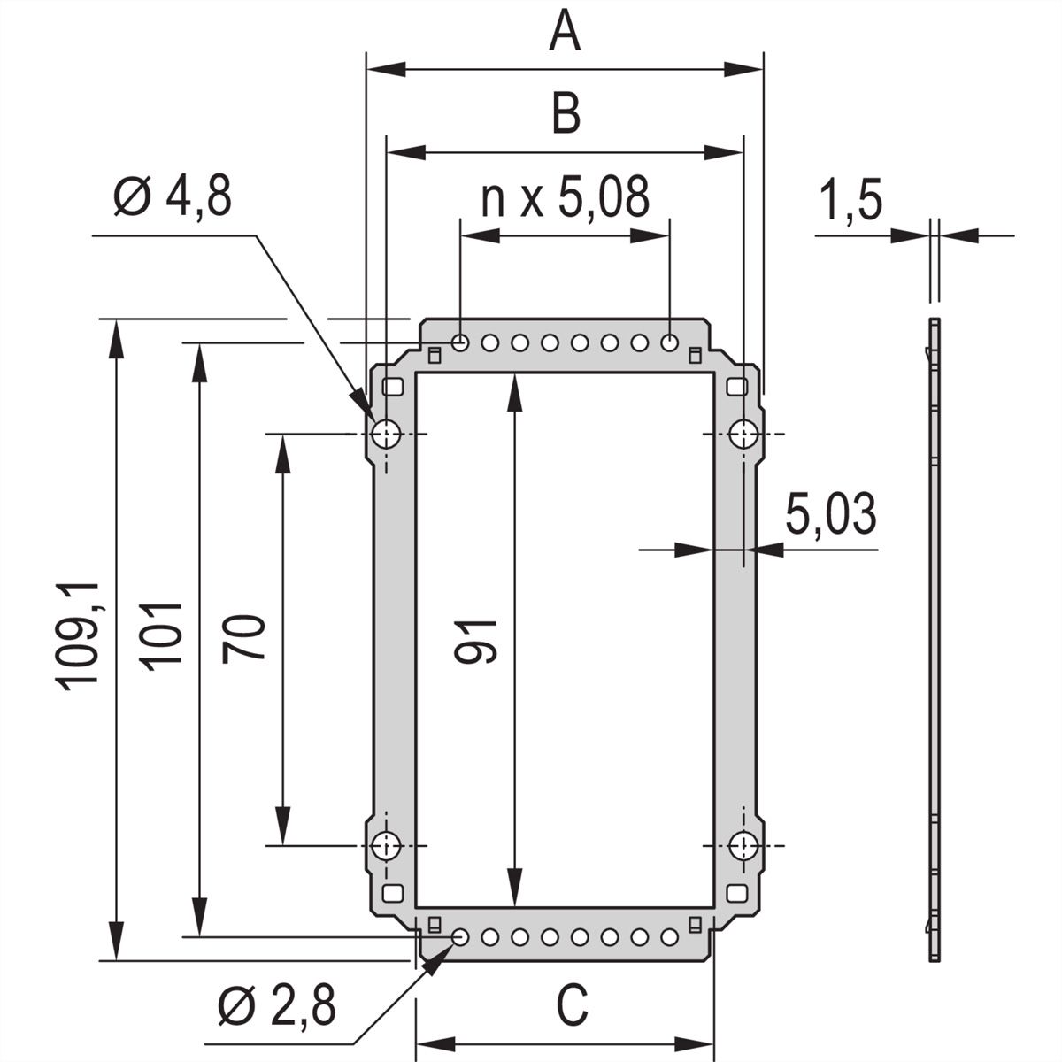 Panneau arrière de l'unité enfichable SCHROFF, découpe pour connecteurs multiples, 3 U, 10 HP