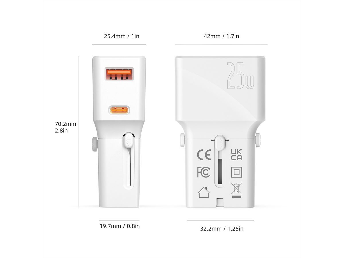 ROLINE Chargeur de voyage USB avec prise UK/US/Euro, 2 ports, 1x QC3.0 A + 1x C (PD), 25W