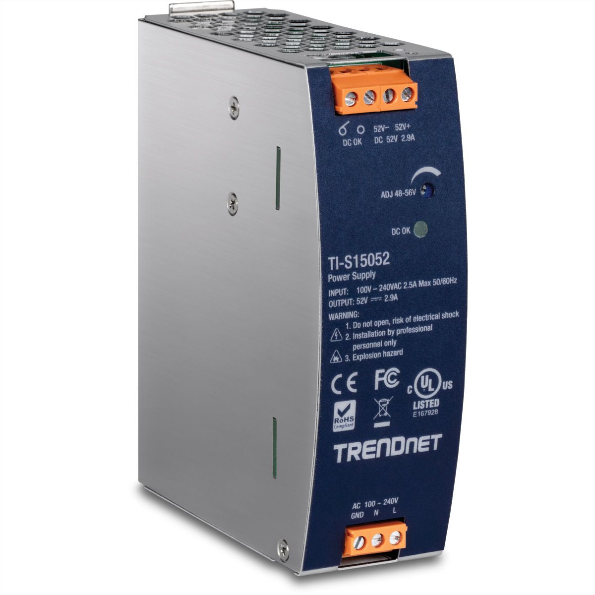 TRENDnet TI-S15052 Alimentation électrique rail DIN 150W, 2V DC, 2,89A AC vers DC avec fonction PFC