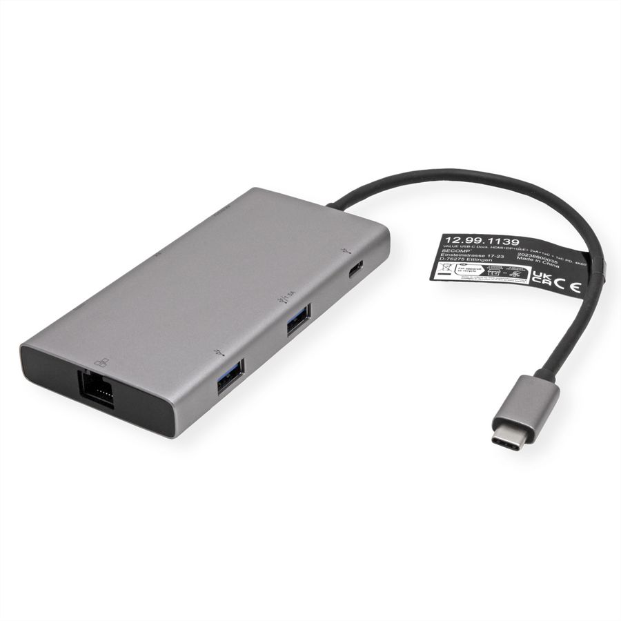 VALUE Station d'accueil USB type C, HDMI+DP, 4K60, 3x US3.2Gen1 (1x C + 2x A), 1x PD, 1x RJ45