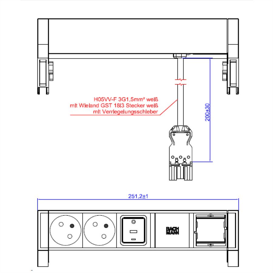BACHMANN DESK2 white 2xUTE 1xinterrupteur 1xCM 0,2m GST18 RAL9010