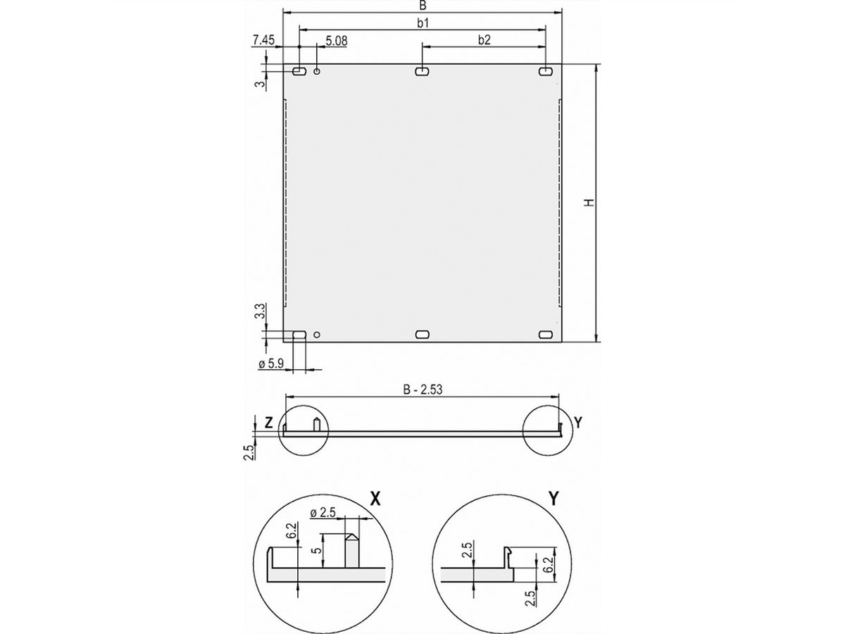 SCHROFF Face avant, profil en U, Refrofit Shielding, 6 U, 16 HP, 2,5 mm, alu, face avant anodisée, face arrière conductrice
