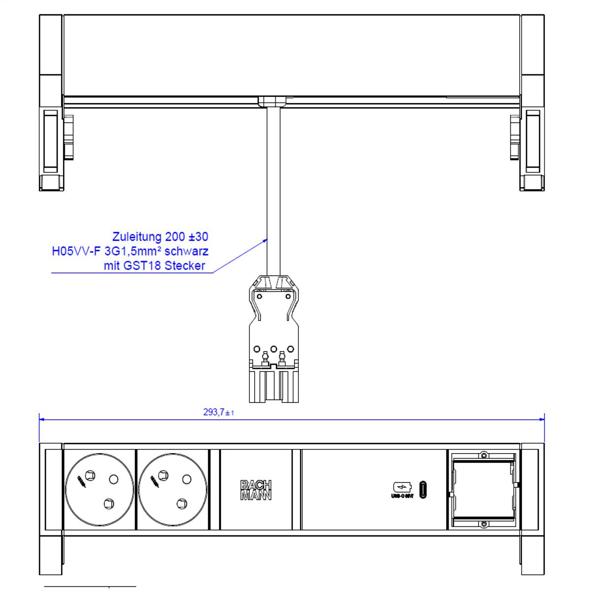 BACHMANN DESK2 2xUTE 1xUSB C 60W 1xCM 0,2m GST18 INOX