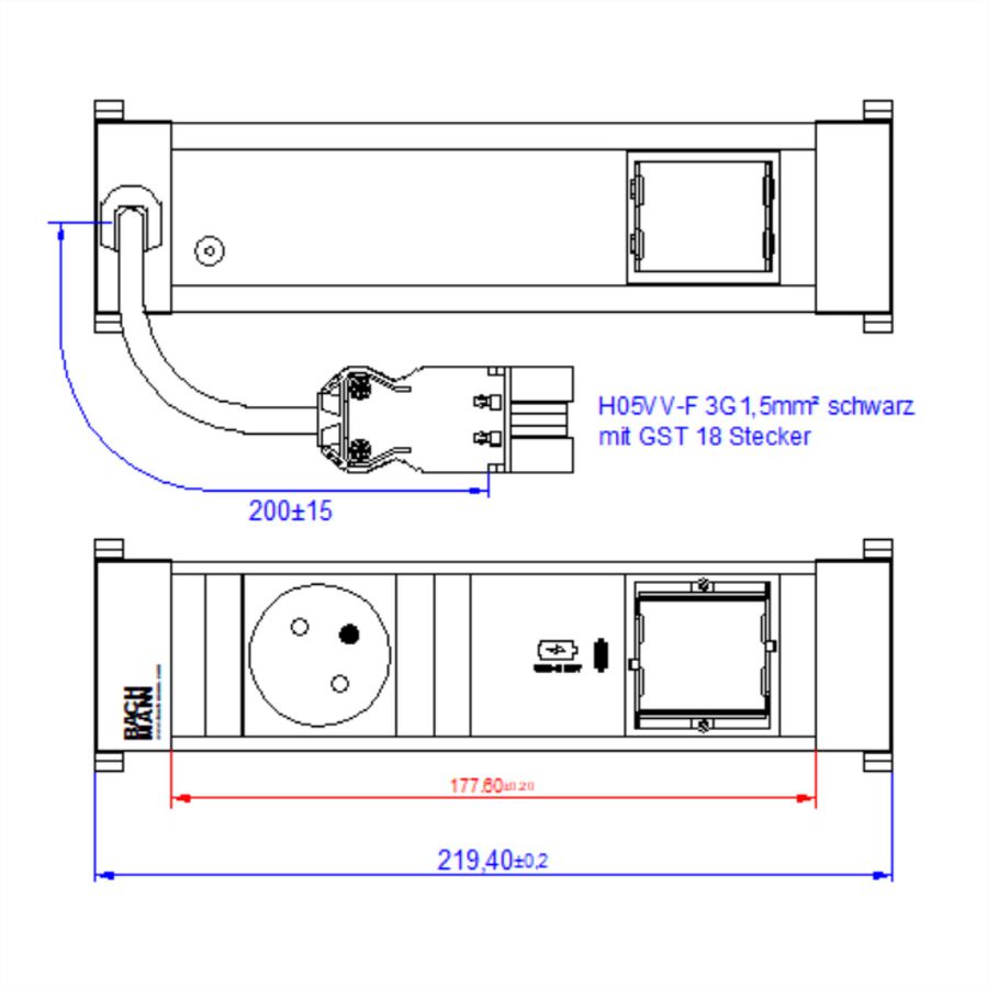 BACHMANN POWER FRAME S 1xUTE 1xUSB C 30W 1xCM 0,2m GST18