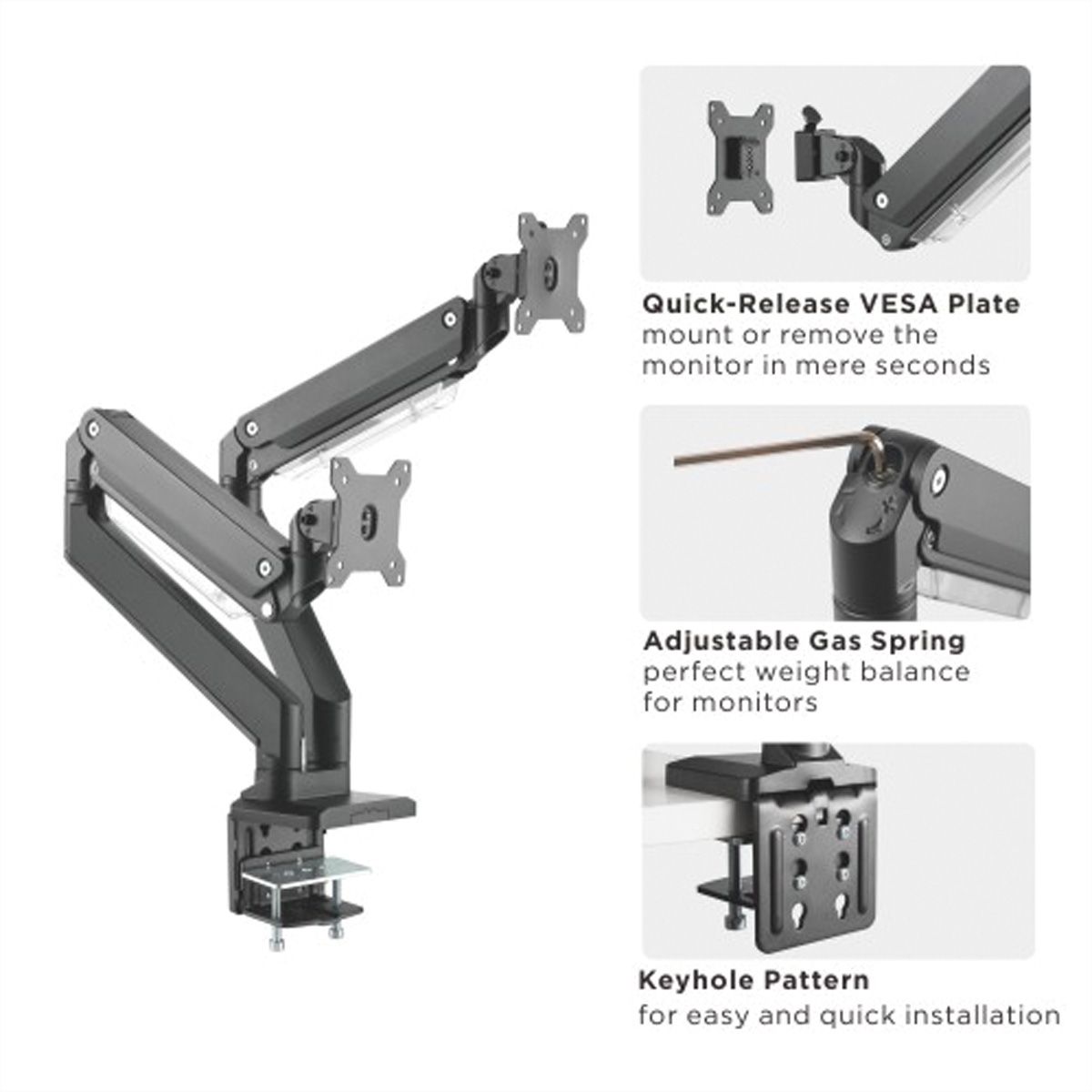 ROLINE Support double LCD à gaz, 5 axes de rotation, max. 15 kg, jusqu'à 35 pouces