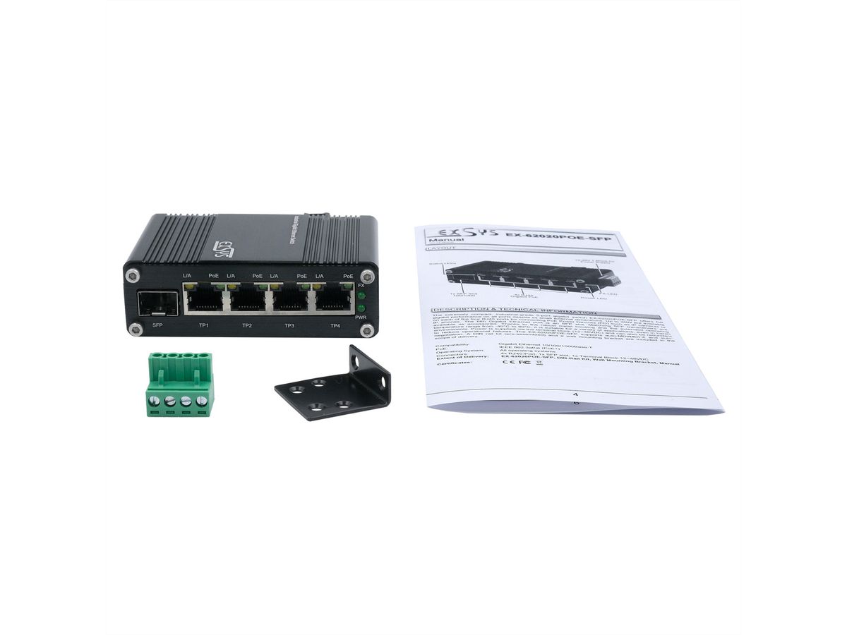 EXSYS EX-62020PoE-SFP Switch Ethernet industriel 4 ports PoE, 1 port 100/1000Fx SFP
