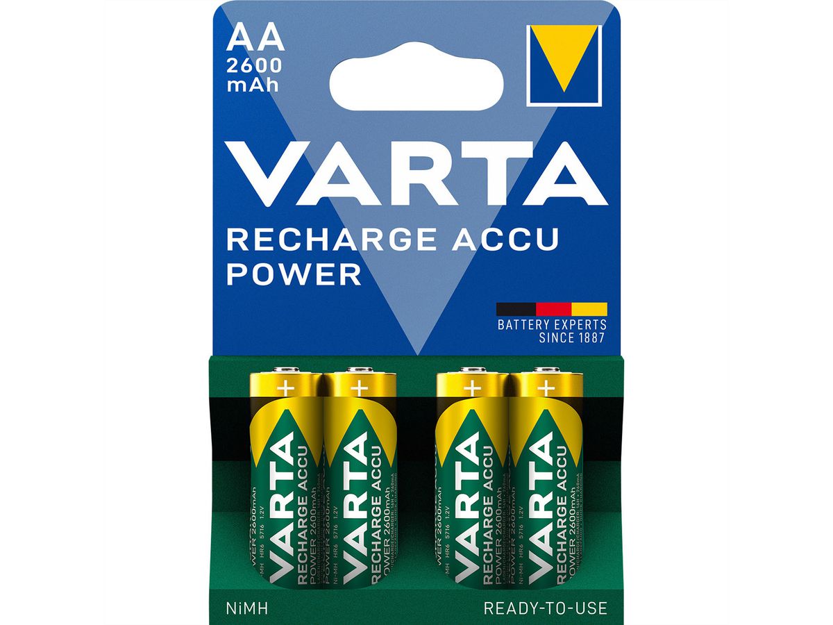 VARTA NiMH Piles Mignon, AA, HR06, pack de 4, 1,2V, 2600mAh, chargées et prêtes à l'emploi