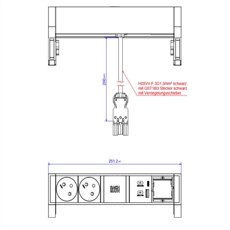 BACHMANN DESK2 ALU BLACK 2xUTE 1xCM 1xUSB A/C 22W 0,2m GST18