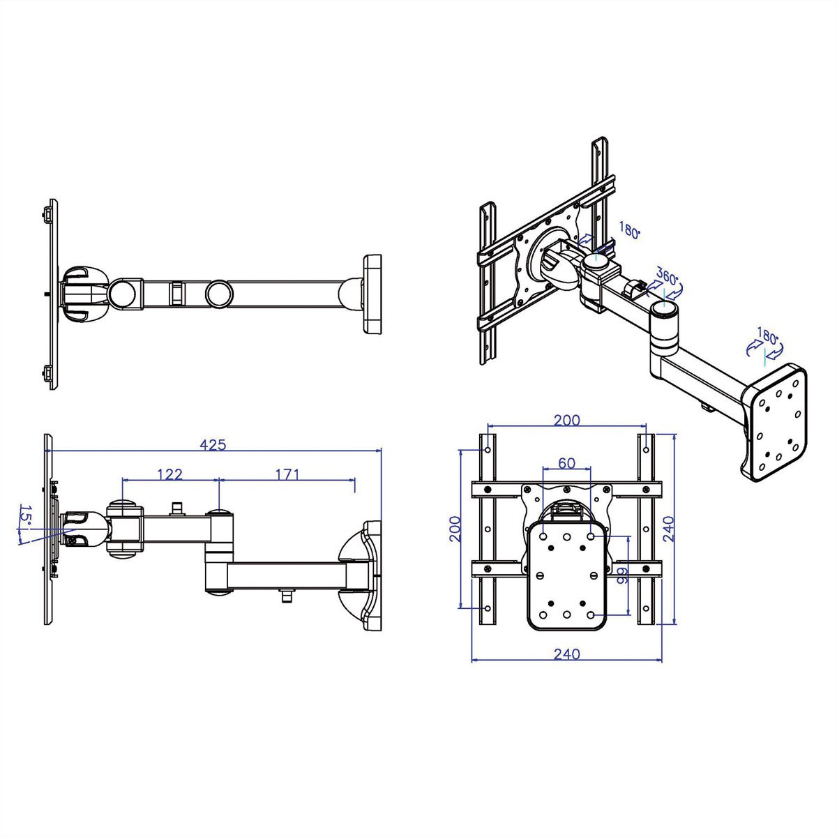 ROLINE Bras pour écran LCD, montage mural, 5 pivots