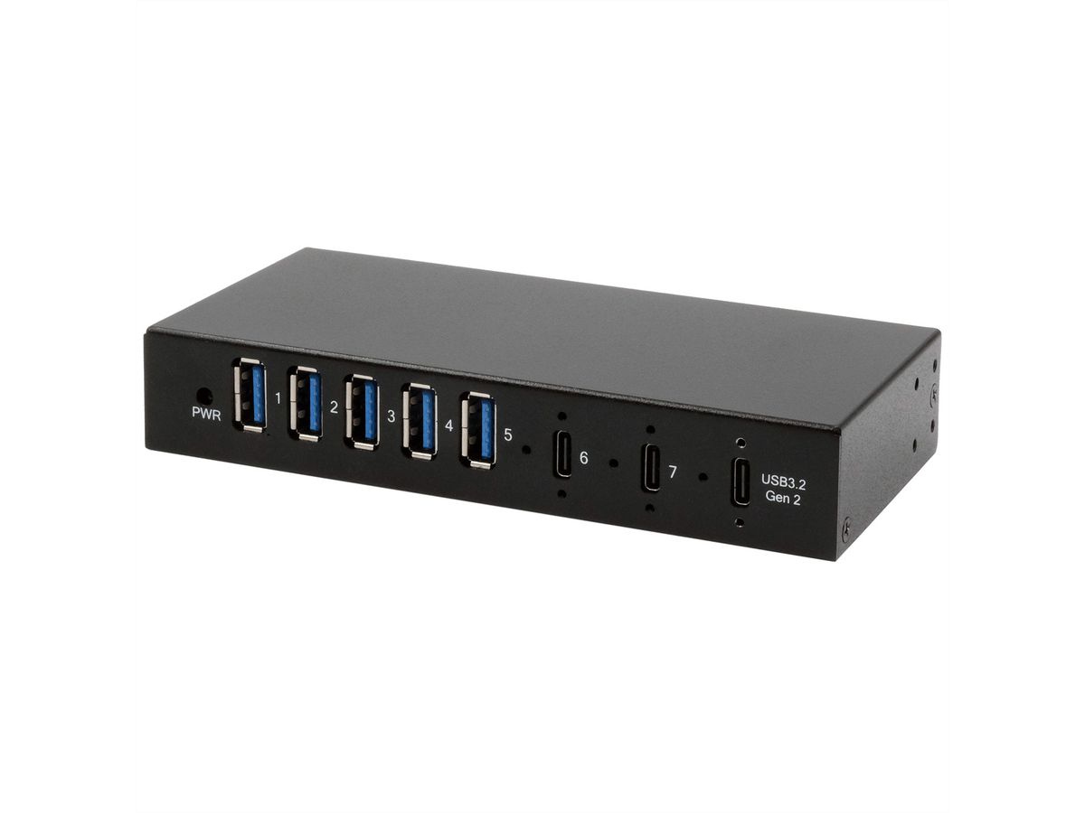 EXSYS EX-12297HMS HUB métallique 7 ports USB 3.2 Gen 2x1, 2x USB-C et 5x USB-A 3.2 Gen 1, pour table, mur et rail DIN