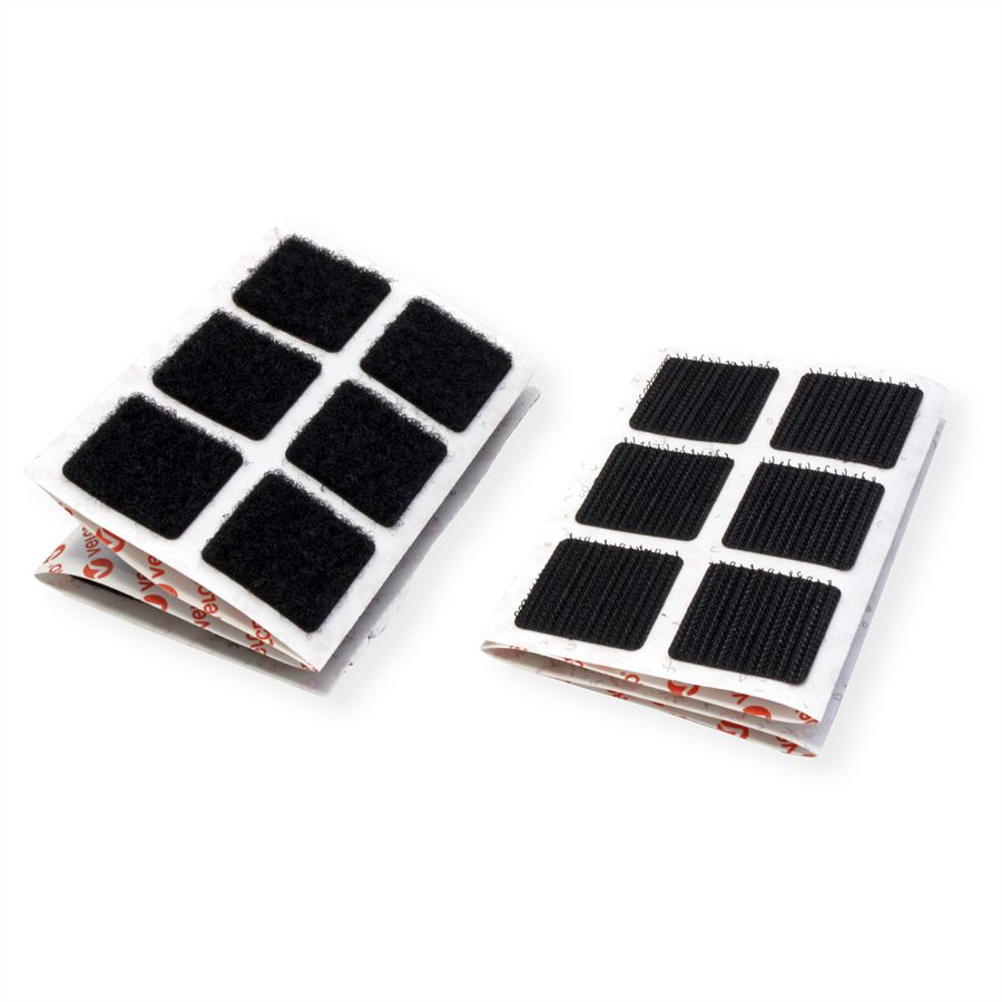 VELCRO® Boutons carrés 25x25mm x 24 noirs, crochets & velours autocollants