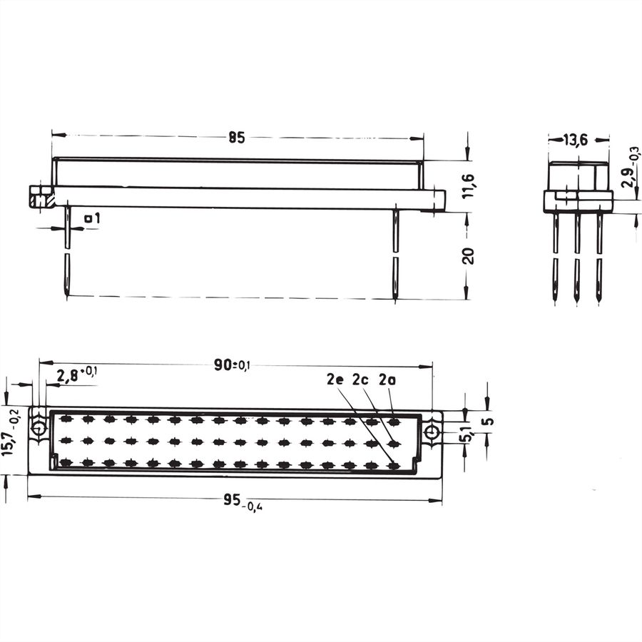 Connecteur SCHROFF de type E, EN 60603, DIN 41612, femelle, 48 contacts, wire-wrap, 22 mm