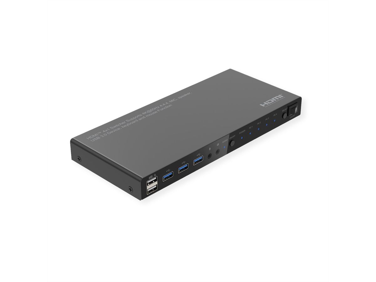 ROLINE Switch KVM, HDMI 4K, USB, 1 User - 4 PC , avec hub USB 3 ports