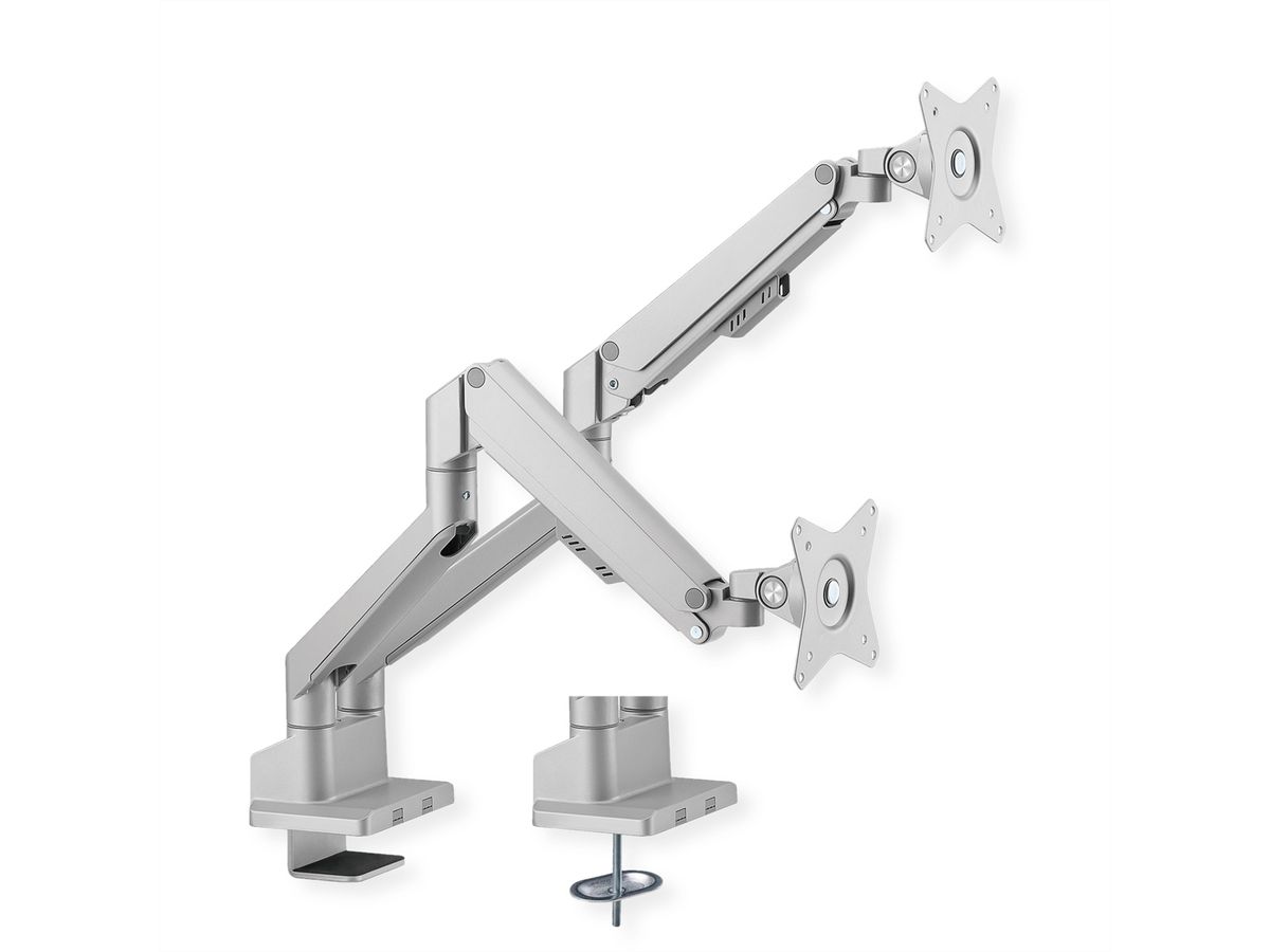 ROLINE Support double LCD, fixation sur bureau, vérin à gaz, 5 articulations, 17-23", jusqu'à 2x 9 kg, argent
