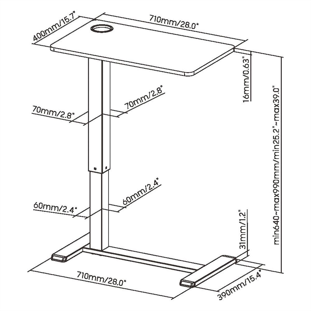 ROLINE Table d'appoint à vérin à gaz, réglable en hauteur, blanc