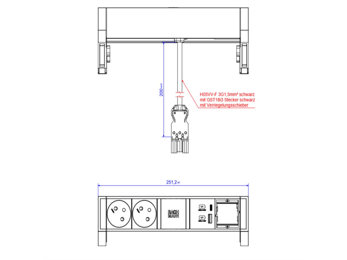 BACHMANN DESK2 ALU BLACK 2xUTE 1xCM 1xUSB A/C 22W 0,2m GST18