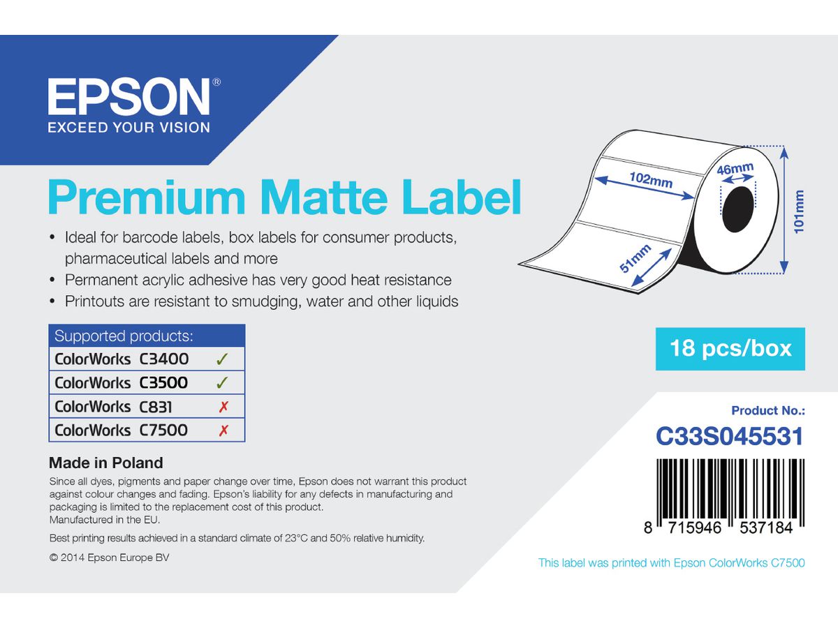 Epson Premium Matte Label - Die-cut Roll: 102mm x 51mm, 650 labels