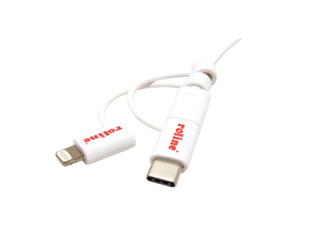 ROLINE Câble de charge et synchronisation 8 Pin/USB MicroB / Type C pour Apple et Android, blanc, 1 m