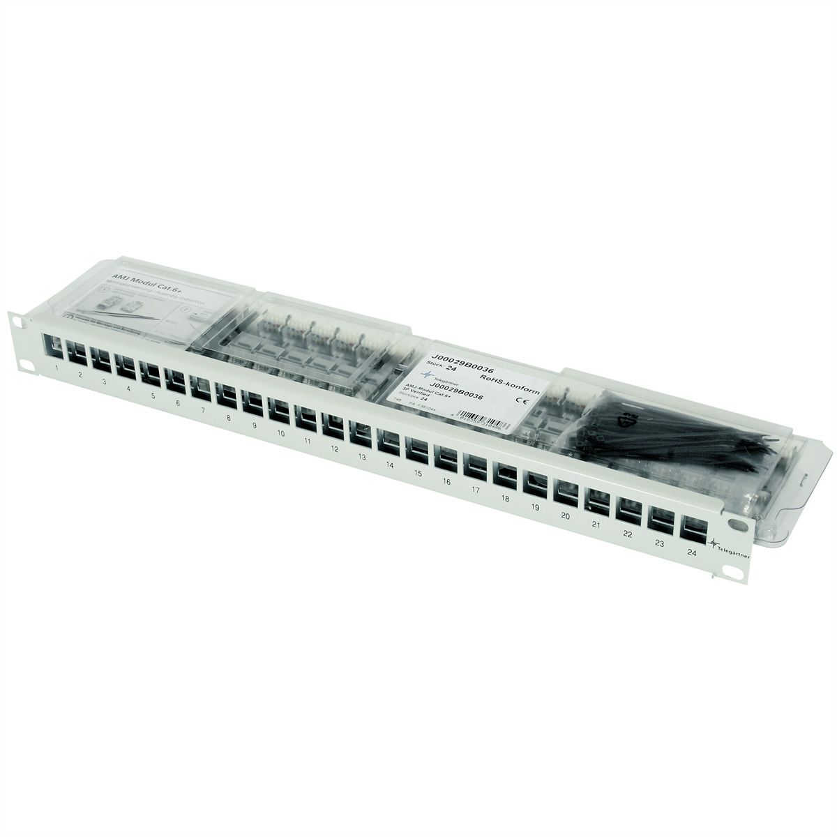 TELEGÄRTNER 19"-Porte modules 1 UH équipé de 24 modules AMJ Cat.6A (Classe EA) (ISO/IEC), gris
