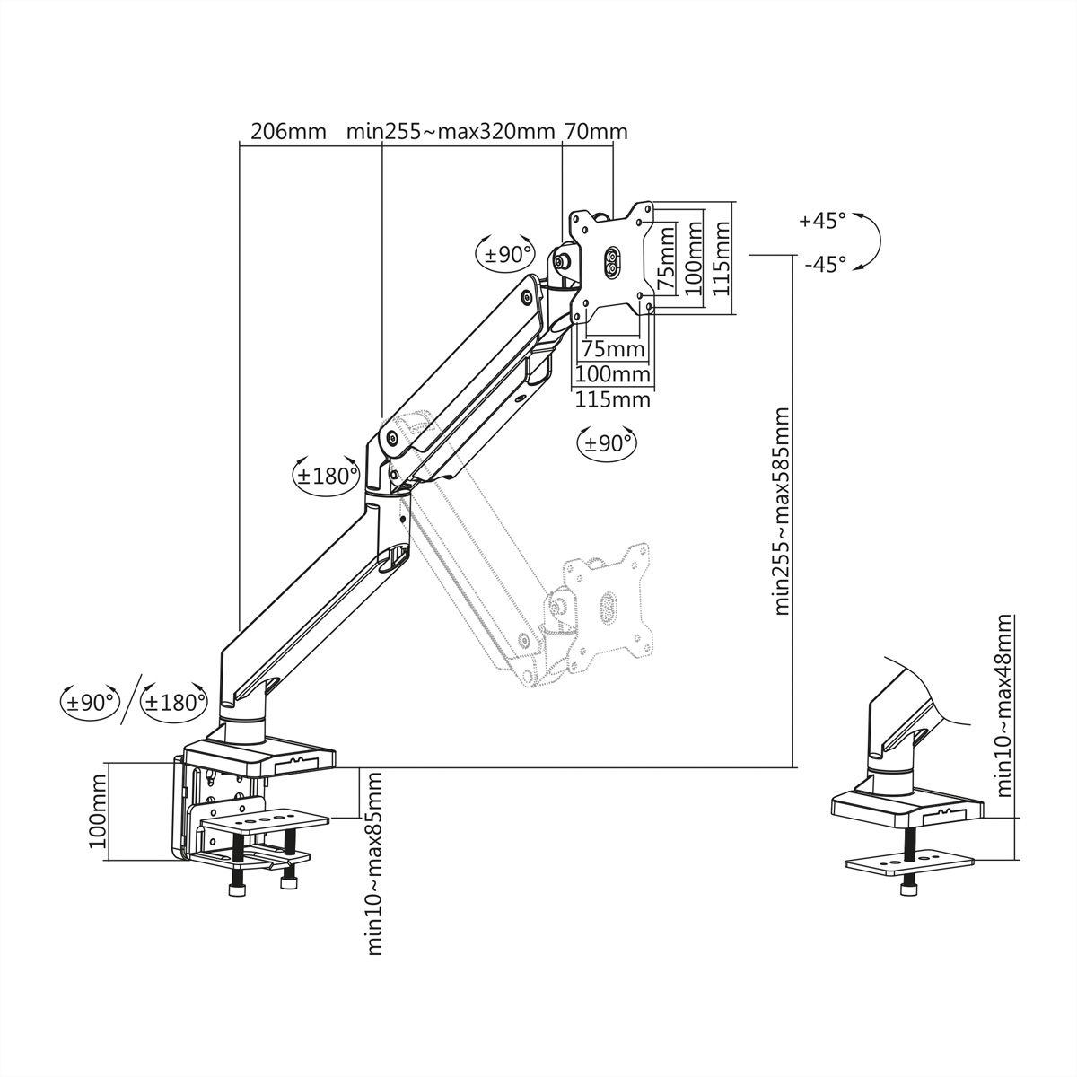 ROLINE Support LCD à gaz, fonction pivot, 5 axes de rotation, max. 18 kg