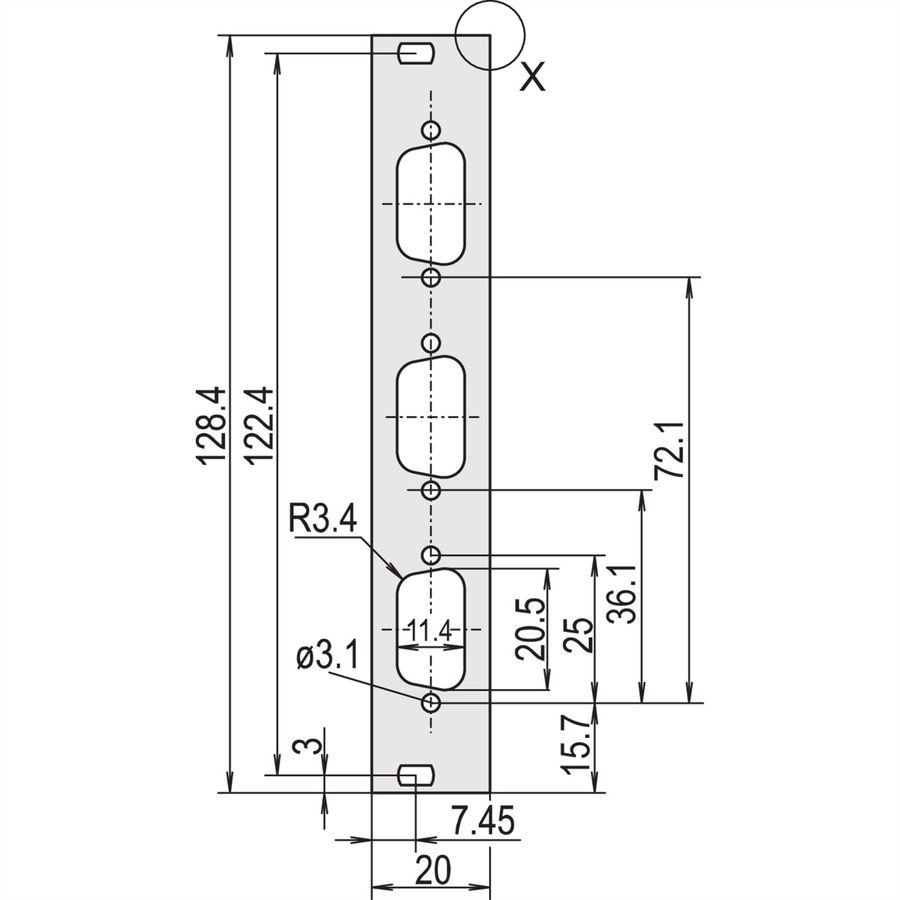 SCHROFF Face avant en U, blindée, découpe Sub-D, 3 U, 4 F, 3 x 9 broches, 2,5 mm, alu, anodisé avant, conducteur arrière