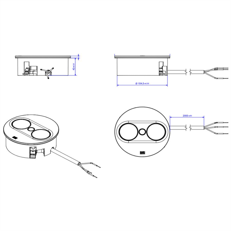 BACHMANN TWIST 2 1xUTE 1xUSB A/C 22W 2,0m AEH RAL9005 30GE rond, Mess.p.Ph. 3G4 CEE32A Lan Commutation p.D.