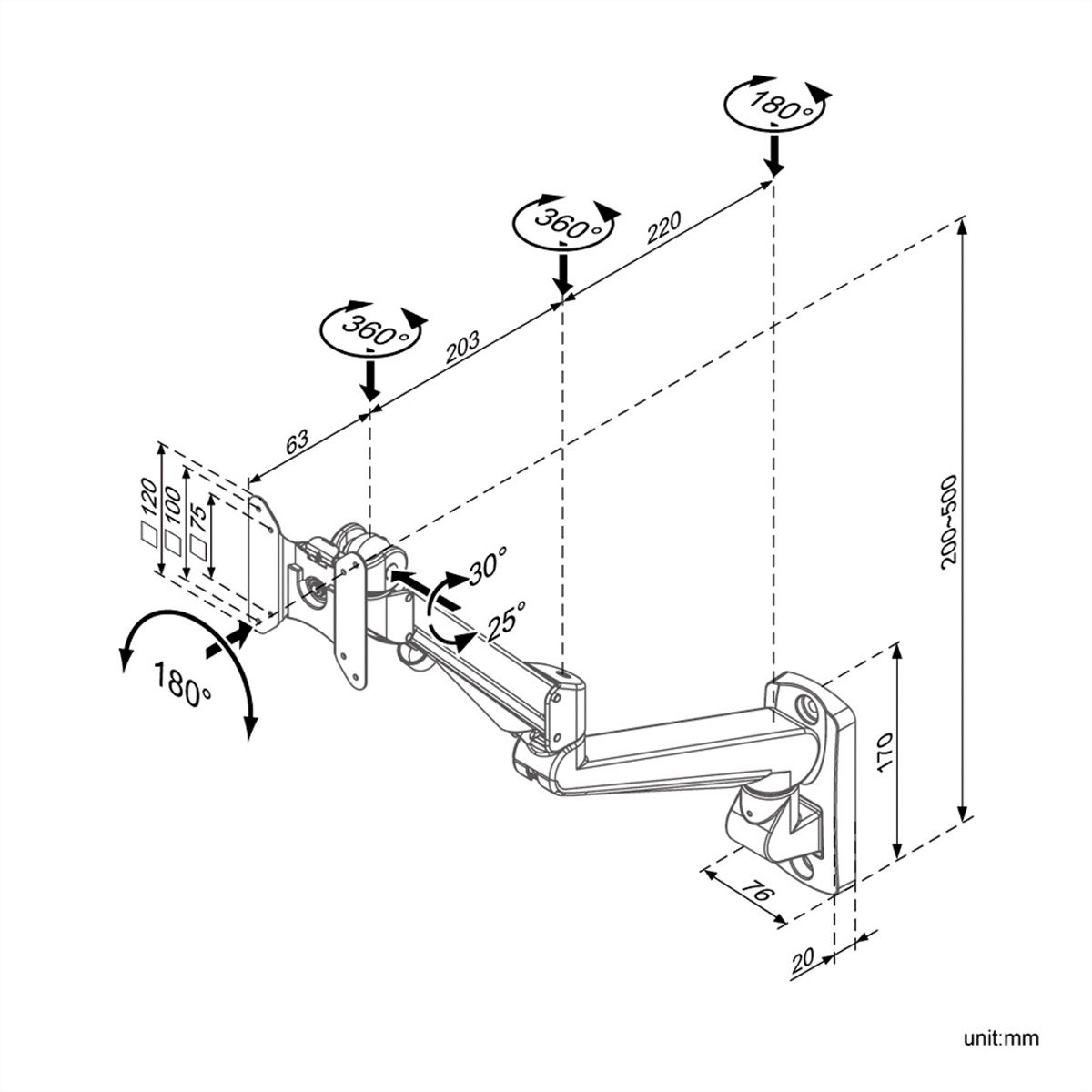 ROLINE Bras pour LCD, montage mural, Gaz, 4 articulations
