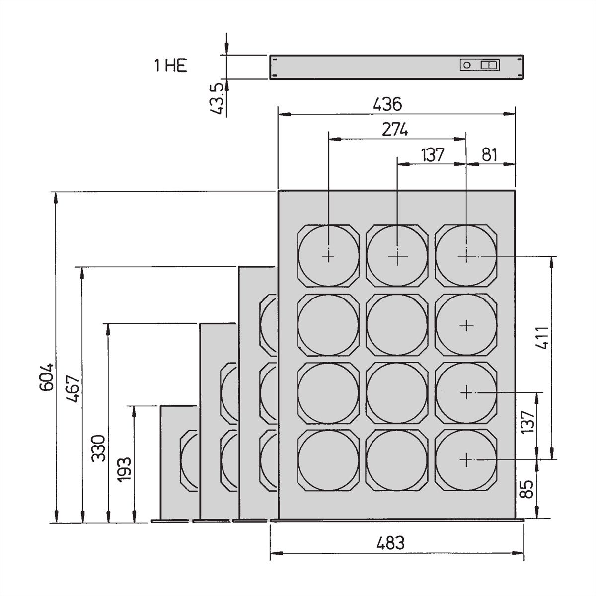 SCHROFF Boîtier d'unité de ventilation 19", 1 U pour 9 ventilateurs, 25 mm