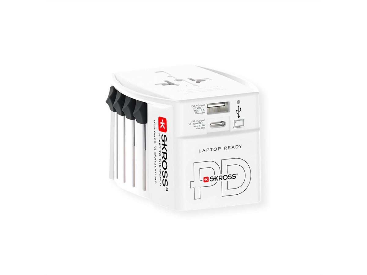 SKROSS Adaptateur de voyage MUV USB A/C 65PD avec câble USB-C, monde