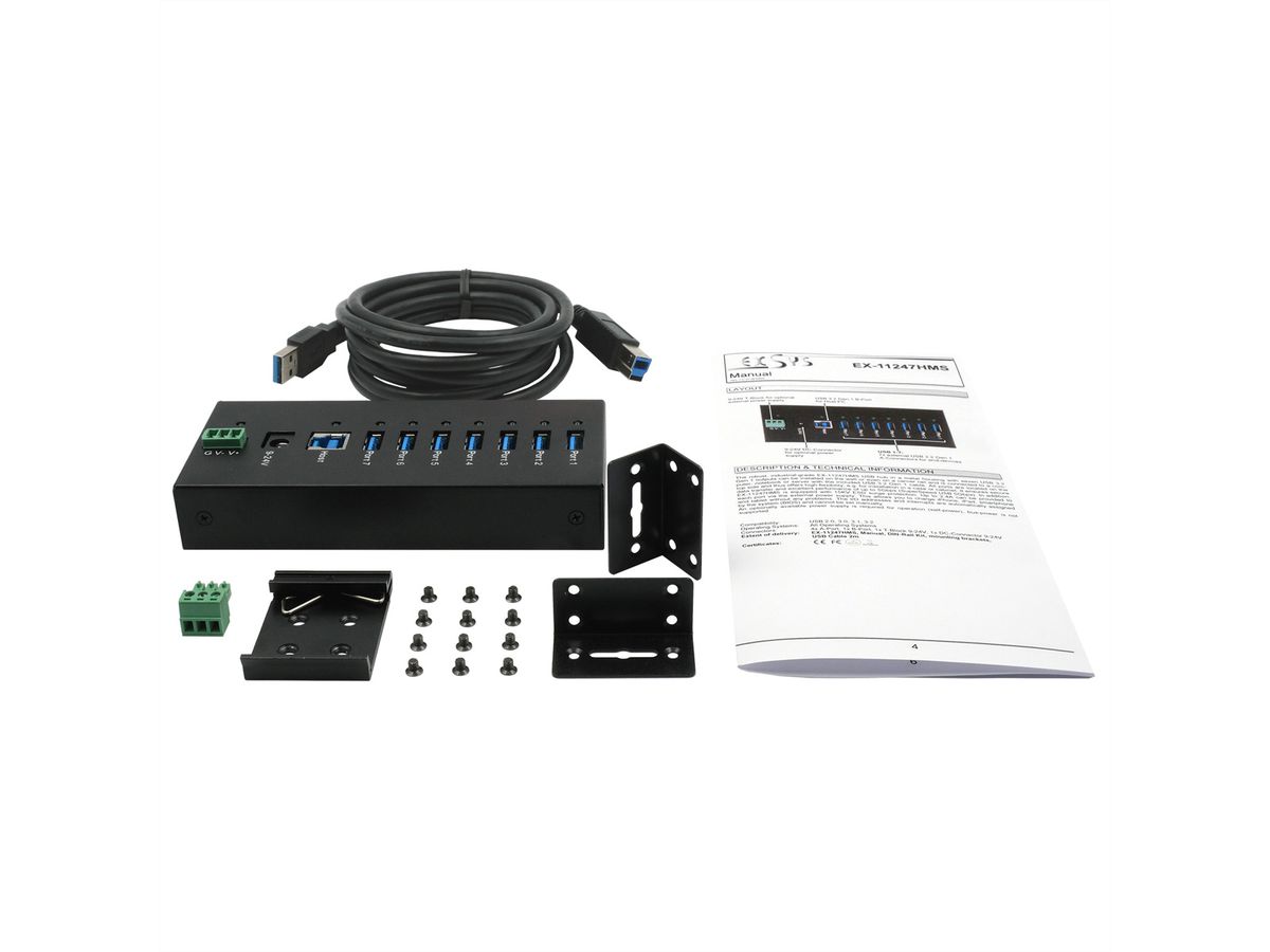 EXSYS EX-11247HMS HUB 7 ports USB 3.2 Gen 1 Din-Rail Kit et mur VIA VL813 Chipset