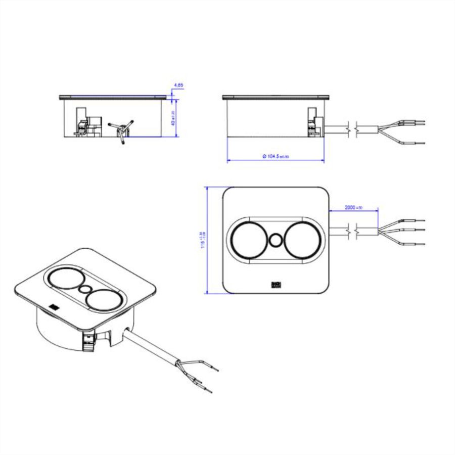 BACHMANN TWIST 2 1xUTE 1xUSB A/C 22W 2,0m AEH RAL9010 30GE carré