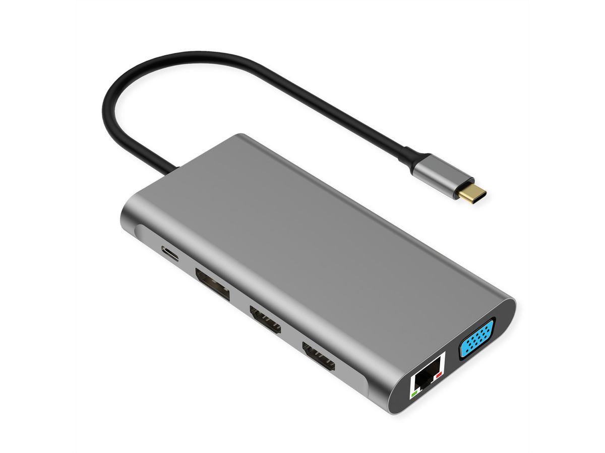 VALUE Station d'accueil USB type C, 2x HDMI (4K60 et 4K30), 1x DP 4K60, 1x VGA, 1x Gb Ethernet, 2x USB C, 2x USB A (3.2 Gen1 et USB 2.0, 1x type C PD