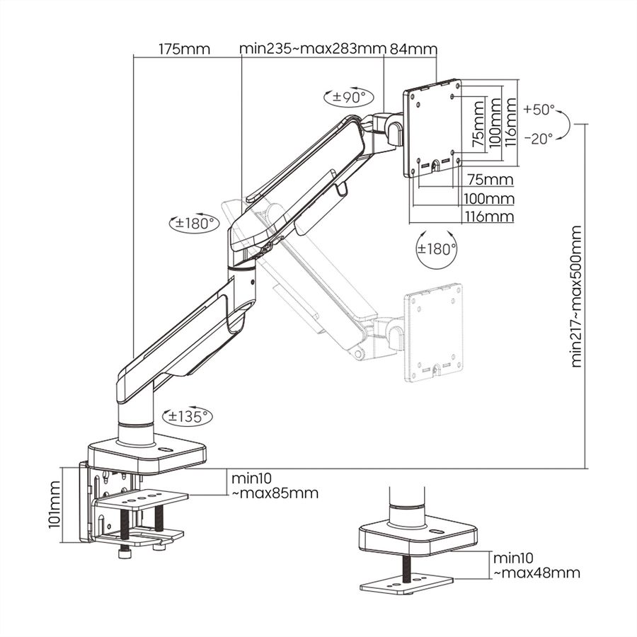 ROLINE Support LCD à gaz, fonction pivot, 5 axes de rotation, max. 20 kg