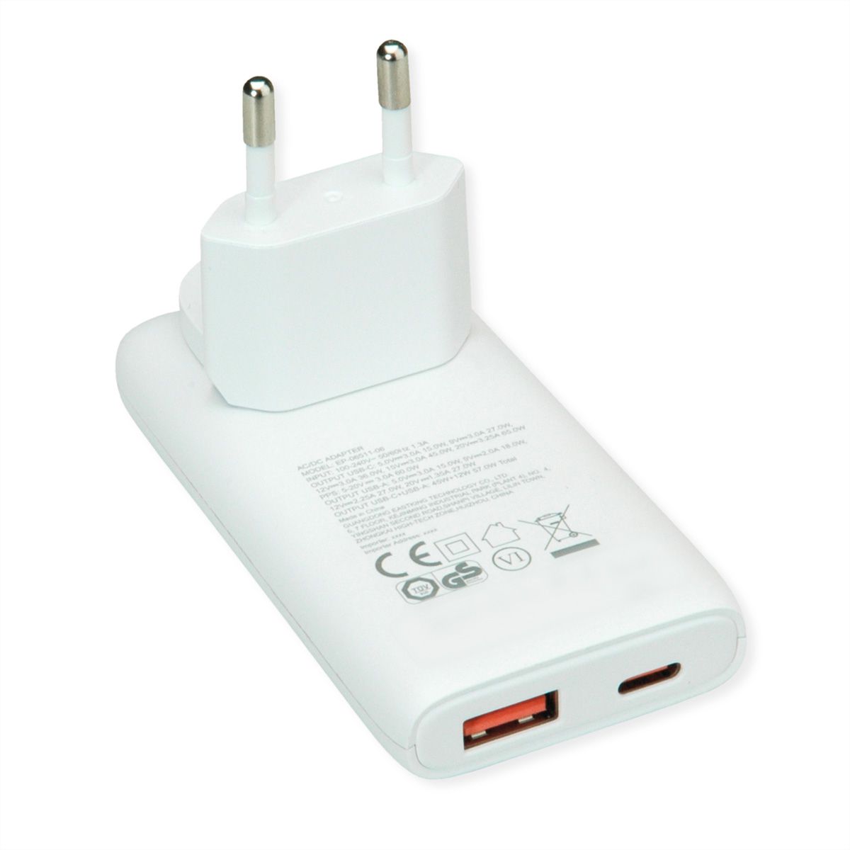 VALUE Chargeur USB, 2 ports type A+C, 65W, prise euro / US