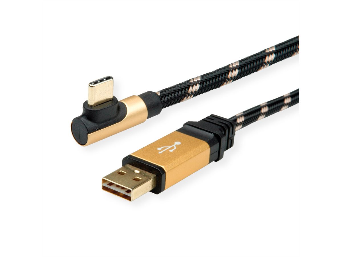 ROLINE GOLD Câble USB 2.0, USB A mâle reversible - USB C mâle, coudé à 90°, 1,8 m