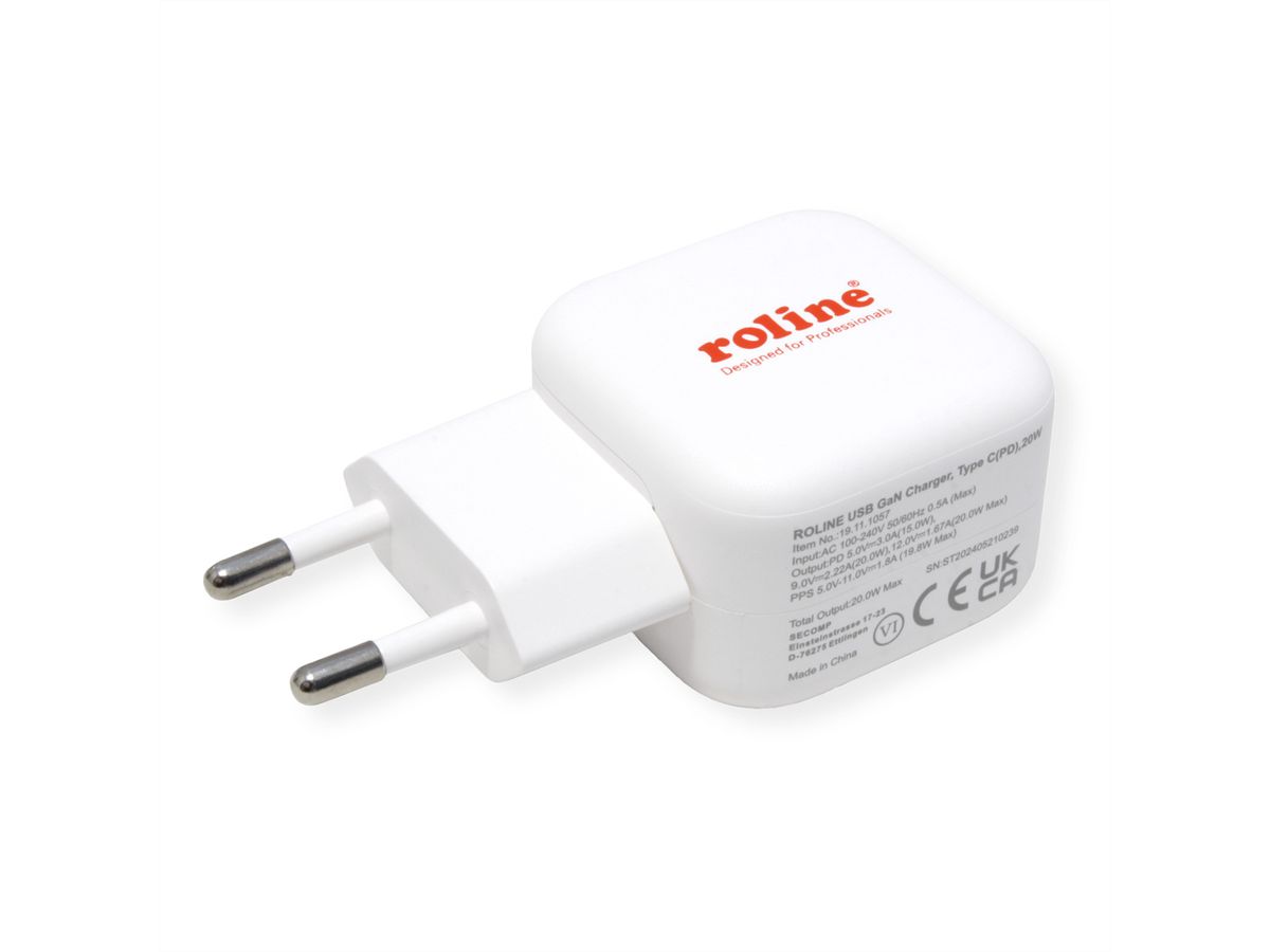 ROLINE Chargeur USB avec prise Euro, 1 port, QC3.0, GaN, 20W