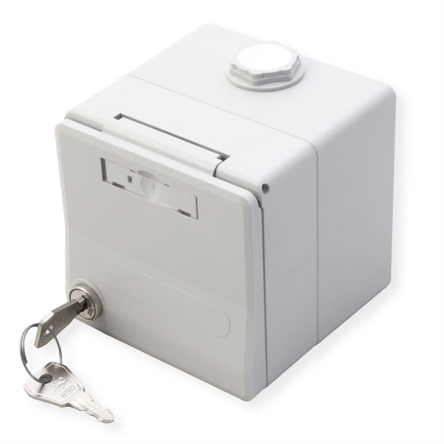 METZ CONNECT Boîtier apparent pour module IP44 , Couvercle rabattable + serrure, 2 ports non équipés , gris