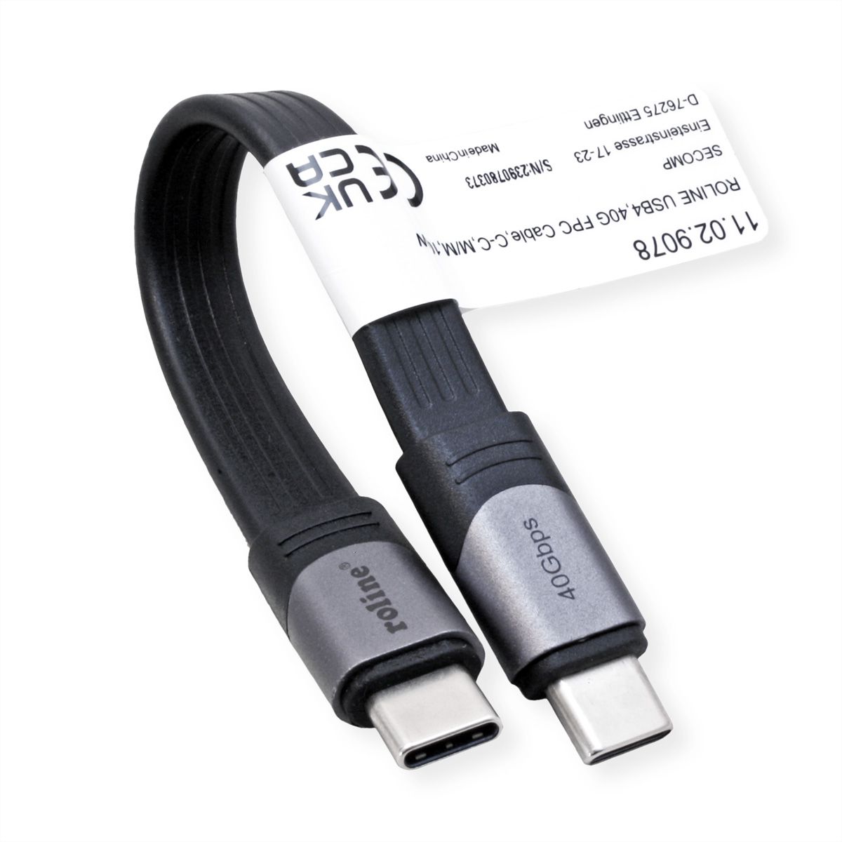 ROLINE Câble USB4 Gen3x2, C-C, M/M, 8K UHD-2, 40Gbit/s, 100W, plat, noir, 15 cm