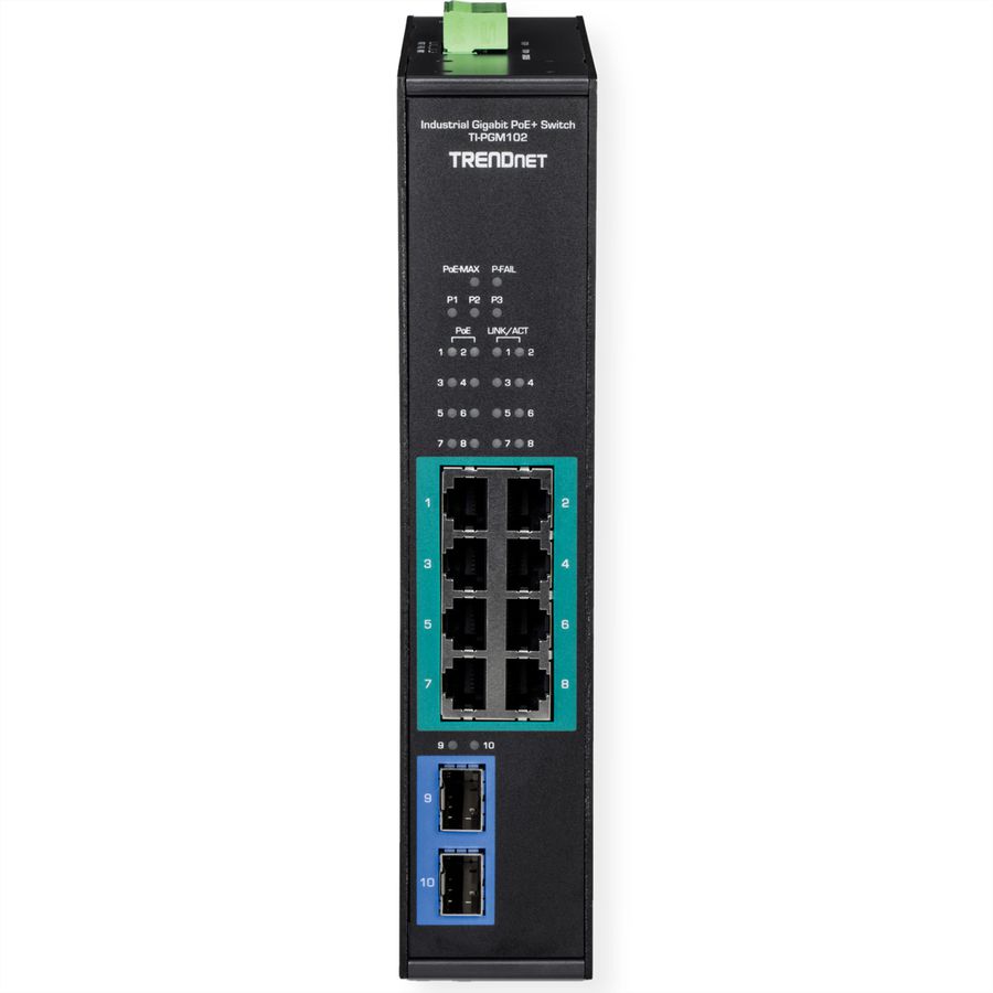 TRENDnet TI-PGM102 Switch Rail DIN industriel PoE+ Gigabit à 10 ports, -20° – 65°C