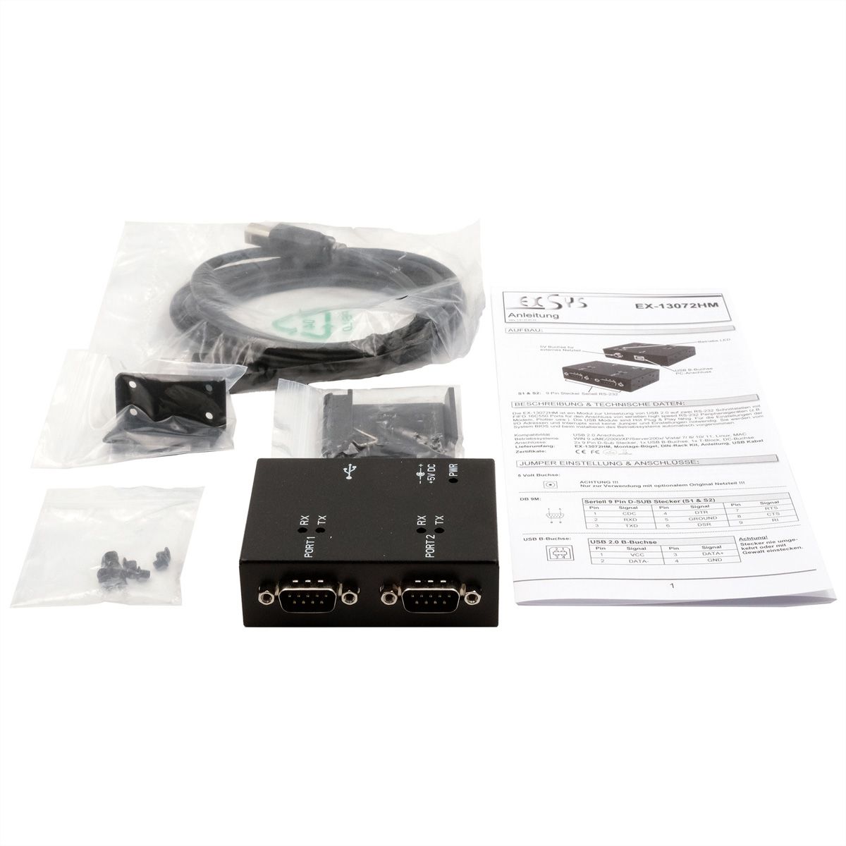 EXSYS EX-13072HM USB 2.0 vers 2 ports série RS-232 Boîtier métallique Kit de puces FTDI