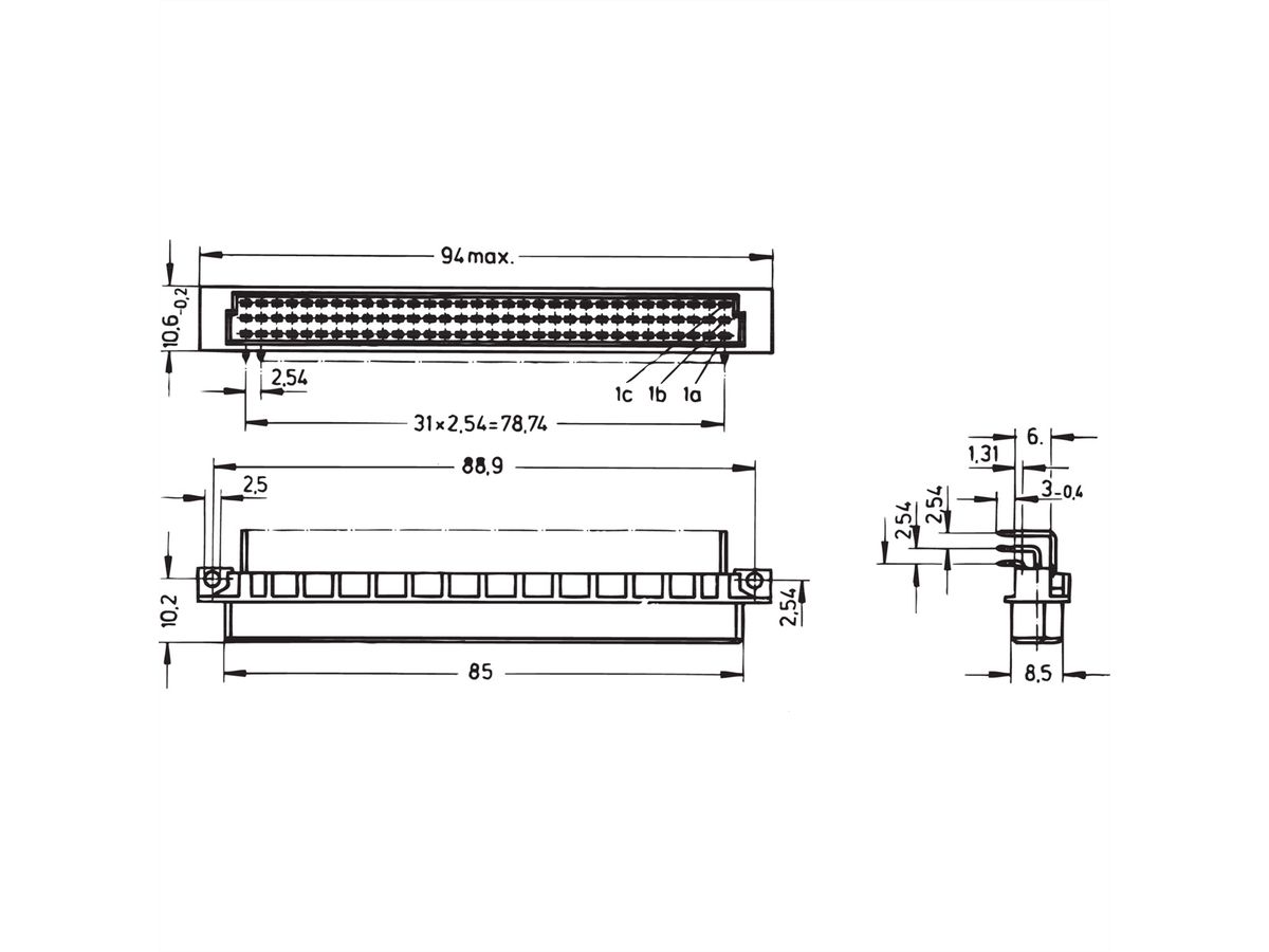 Connecteur SCHROFF type R, EN 60603, DIN 41612, femelle, 96 contacts, broches à souder, 3 mm