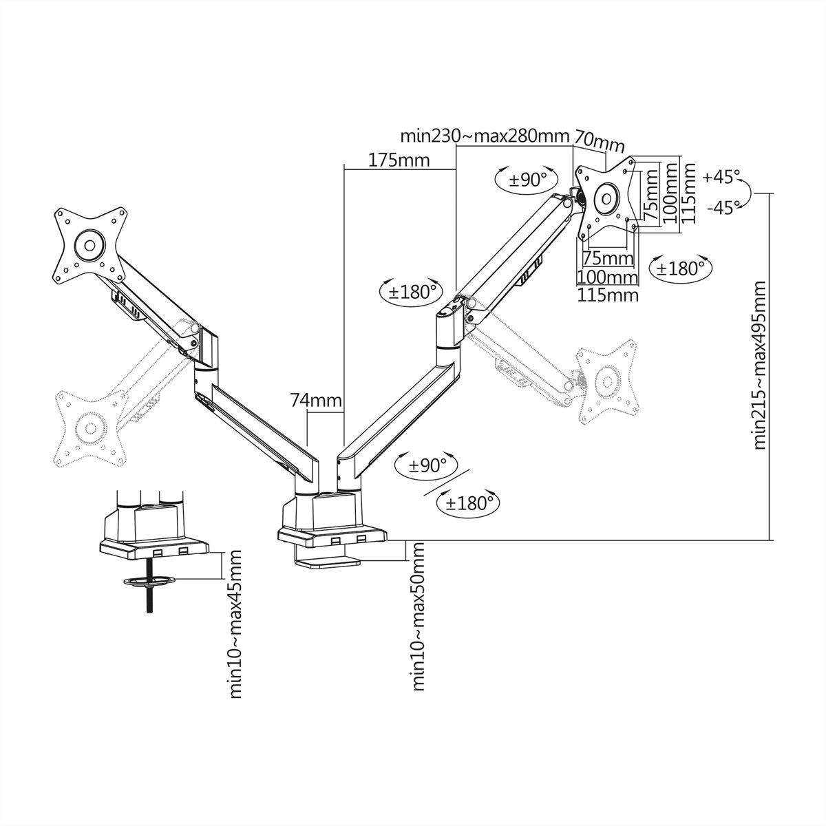 ROLINE Support double LCD, fixation sur bureau, vérin à gaz, 5 articulations, 17-23", jusqu'à 2x 9 kg, argent