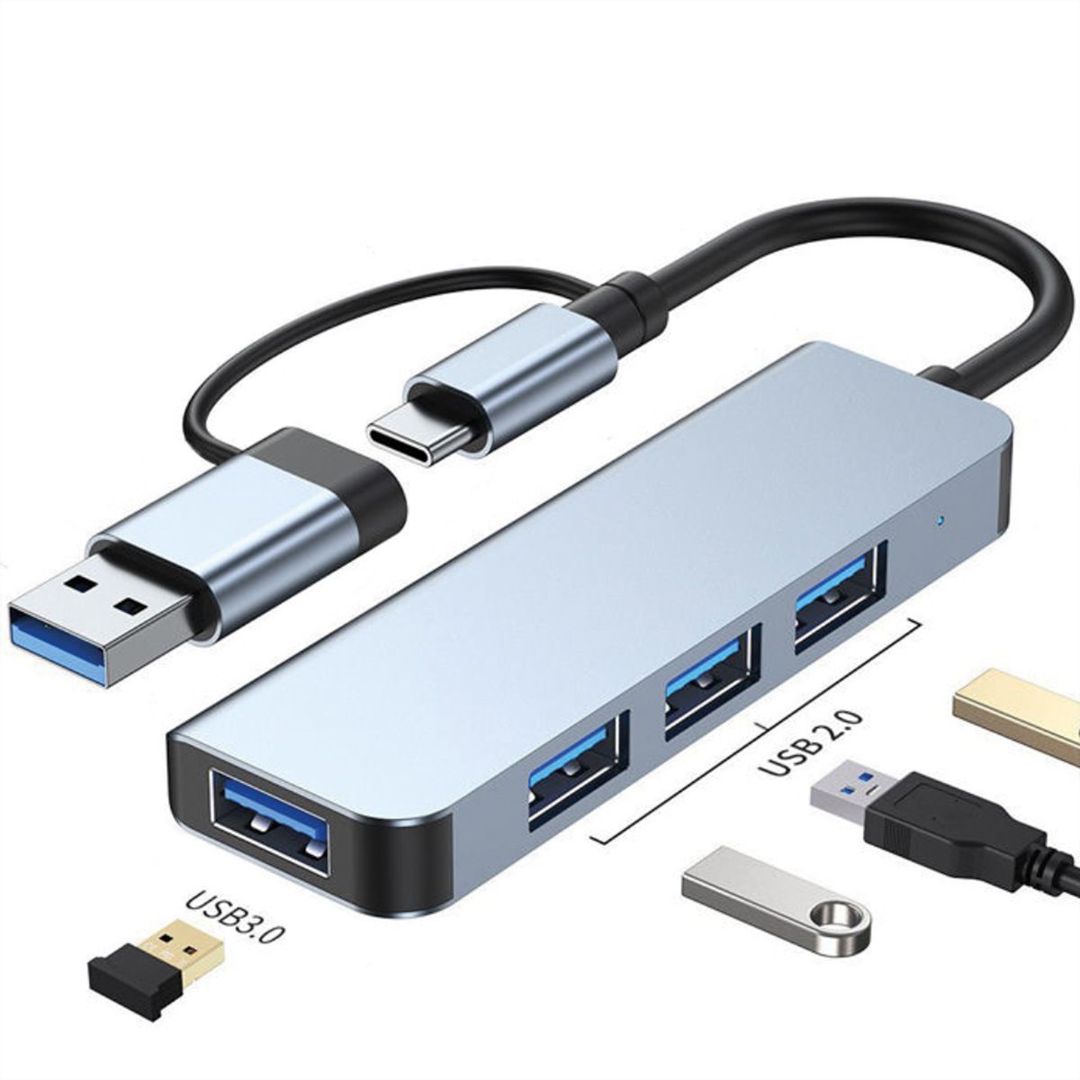 VALUE Hub métallique 4 ports type A, (1x USB 3.2Gen1 + 3x USB 2.0), câble de raccordement type A+C