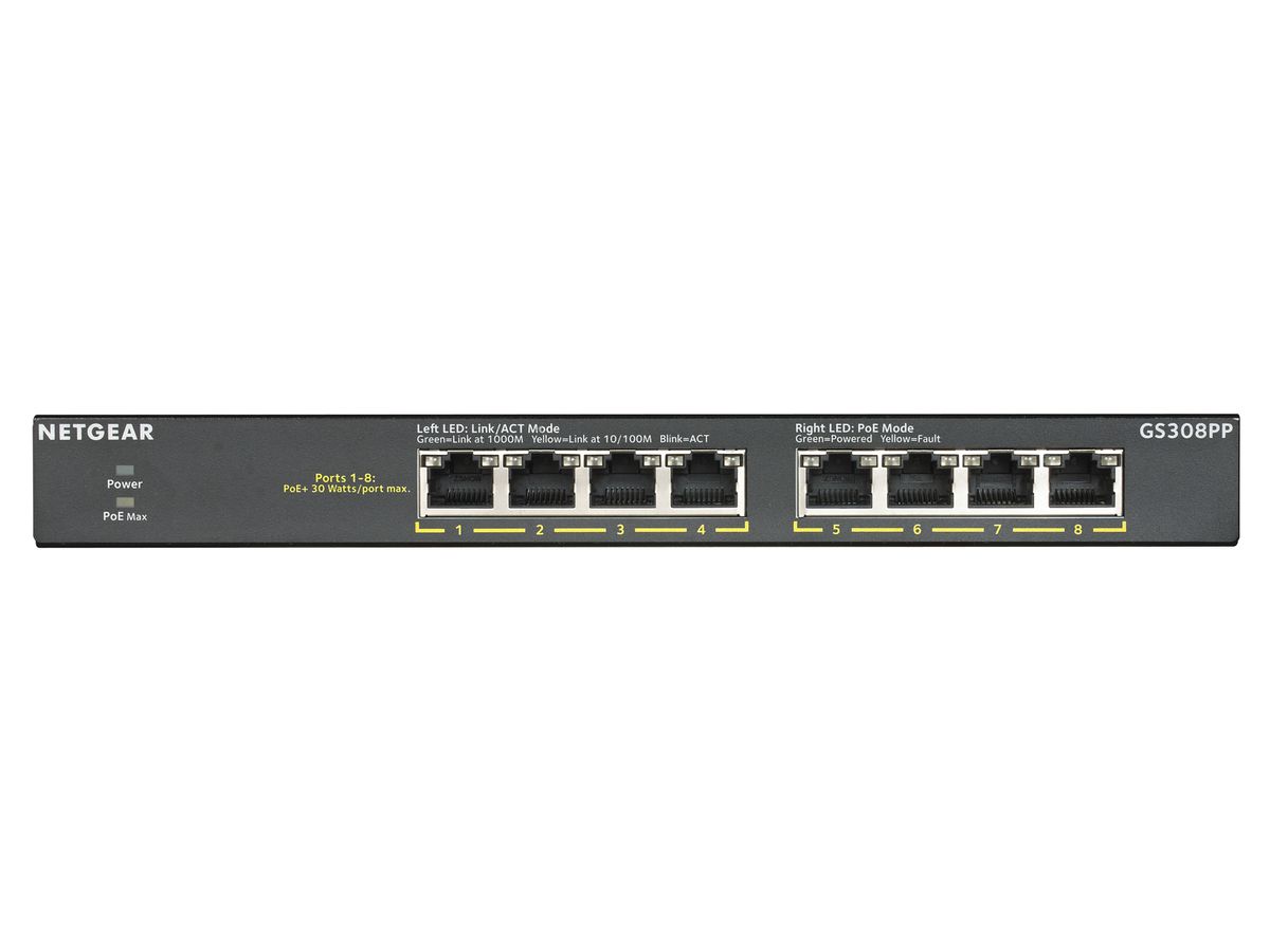 Netgear GS308PP Non-géré Gigabit Ethernet (10/100/1000) Connexion Ethernet, supportant l'alimentation via ce port (PoE) Noir