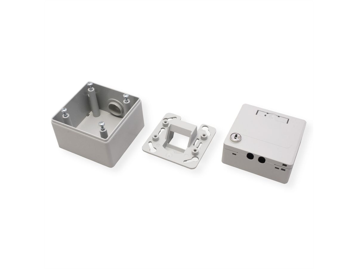 METZ CONNECT Boîtier apparent pour module IP44 , Couvercle rabattable + serrure, 2 ports non équipés , gris