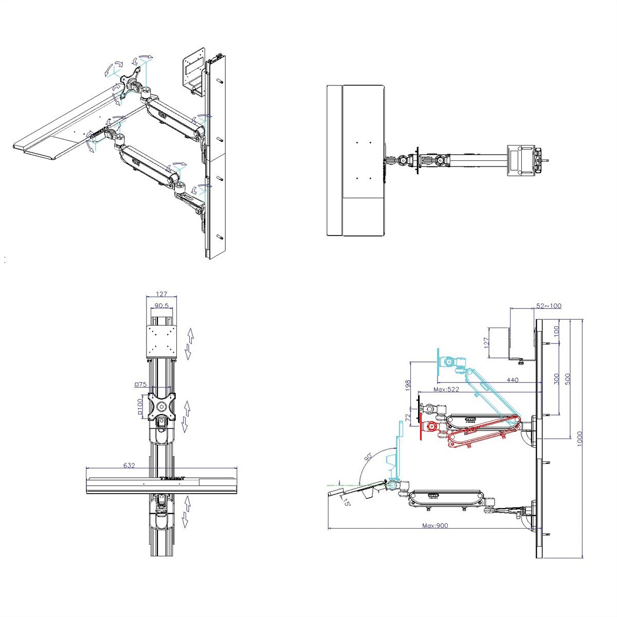 VALUE Station de travail, montage mural, pneumatique